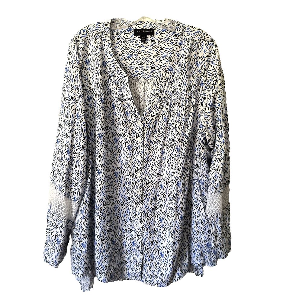 Lane Bryant Peasant Top Women 18/20 Black Blue White Print V Neck High Low Tunic